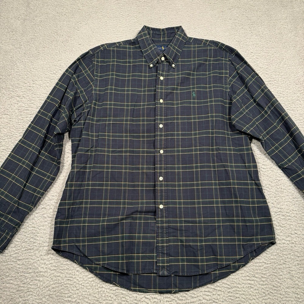Ralph Lauren‎ Mens Button Up Long Sleeve Shirt Navy Blue Green Plaid XL